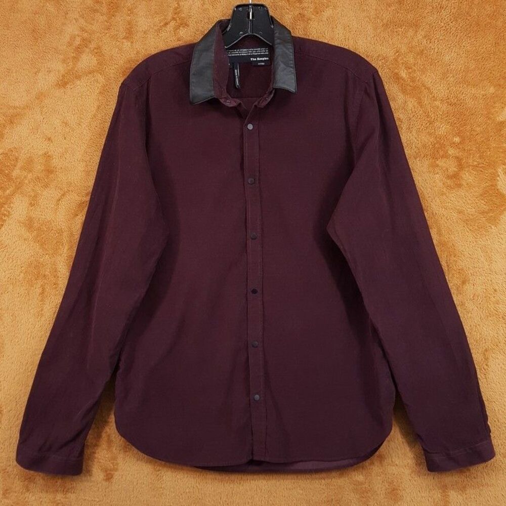 THE KOOPLES Shirt Mens Medium Burgundy Snap Up Leather Collar Corduroy Fitted